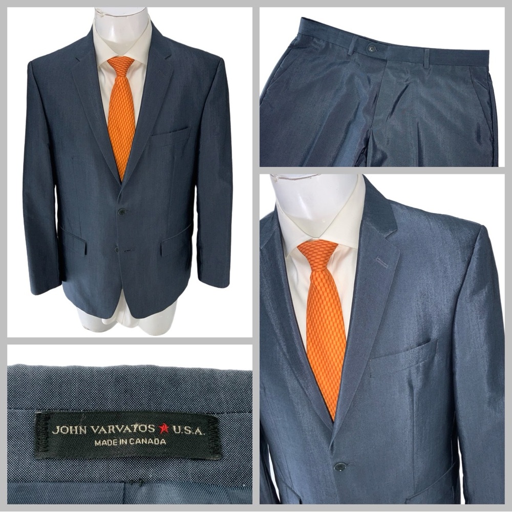 John Varvatos Suit 42R Blue Poly Rayon 2B 2V Flat Front 34x29 Canada YGI W5-24